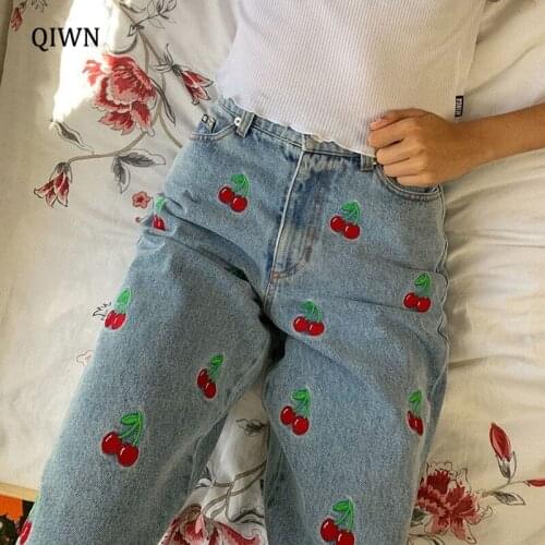 2021 Autumn Cherry Pattern Jeans Women England Preppy Style 90s Streetwear Y2K Outfits High Waist Straight Denim Pants