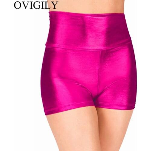 OVIGILY Women Fuchsia Metallic Dance Shorts Shiny Workout Shorts For Girls Gymnastics Red High Waisted Shorts Skinny Underpants