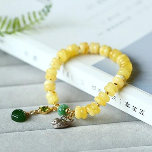S925 Sterling Silver 24K Gold Natural Beeswax Jade Jewelry Bracelet Ladies Abacus Beads Agate Bracelet Round Beads Gift