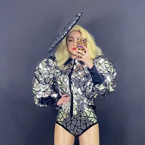 Mirror Costume Women Puff Sleeve Sequins Jacket Shorts Big Hat Headwear Stage Dance Costume Festival Clothing Gogo Wear XS2723