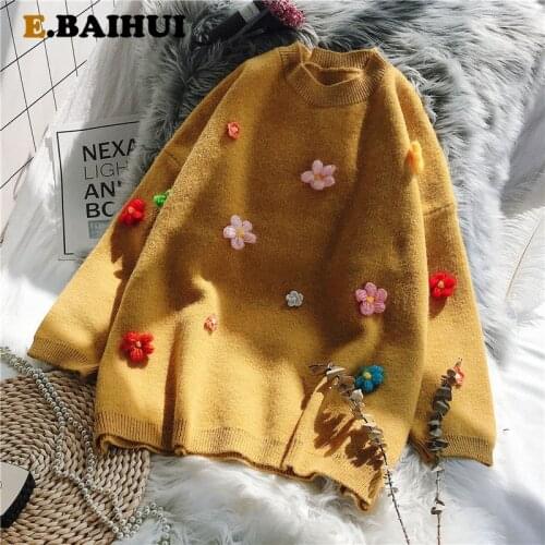 EBAIHUI Preppy Style Flower Knit Sweater Women O Neck Loose Elegaht Thicked Pull Femme Print Loose Kawaii Pullovers