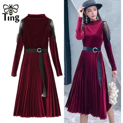 Tingfly Women Vintage Elegant Beading Velvet Midi Length Dress Velour Pleated Dress with Sashes Plus Size Retro Vestidos Elbise