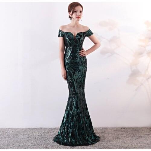 Green Leaf Sequins Short Sleeve Off The Shoulder Luxury Sexy Nightclub Party Dress Elegant Special Occasion Dresses For Women