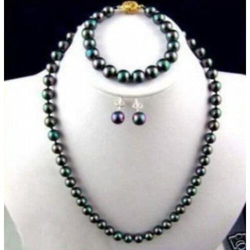 Women Gift word Love real 8-9MM PERFECT TAHITIAN BLACK PEACOCK GREEN PEARL NECKLACE BRACELET EARRING