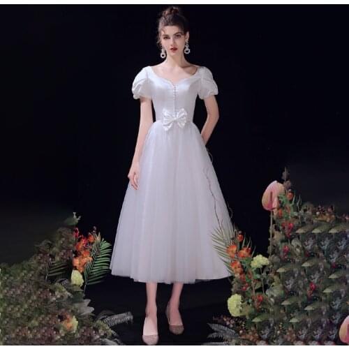 White V-Neck Elegant Evening Dress Bow Empire Short Sleeves Lace Up A-Line Simple New Tea-Length Woman Formal Party Gowns A1365