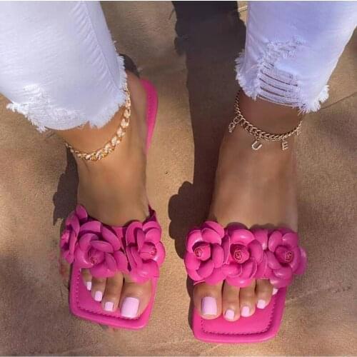 2021 fashion sexy flower decoration square head open toe flat bottom outdoor female slippers solid color all-match Plus Size