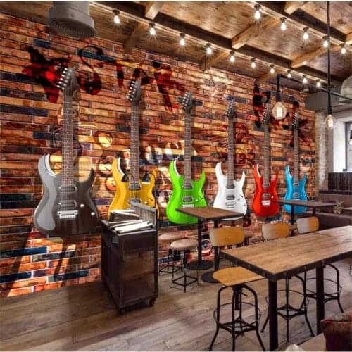 Beibehang Custom wallpaper 3d murals Europe and America retro electric guitar brick wall bar KTV mural TV background wall paper