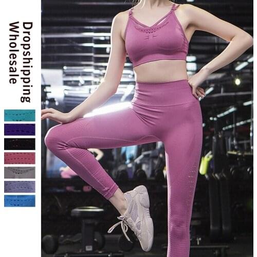 Seamless Gym Set Women 2 Pcs Sports Suits Fitness Clothing Sportswear Woman Gym Leggings Padded Push-up Strappy Sports Bra