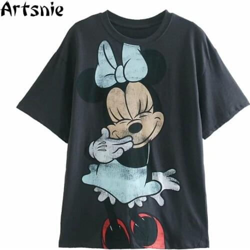 Artsnie Minne Cartoon Disney T Shirt Women Summer 2021 O Neck Short Sleeve Tops Streetwear Casual Dark Gray Knitted T-shirts