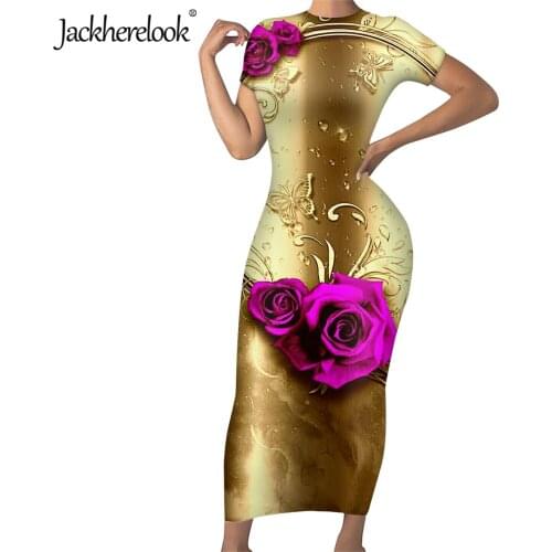 Jackherelook Womens Sexy Bodycon Midi Pencil Dress Flower Rose Printing Office Lady Floral Slim Summer Dresses for Teen Girls