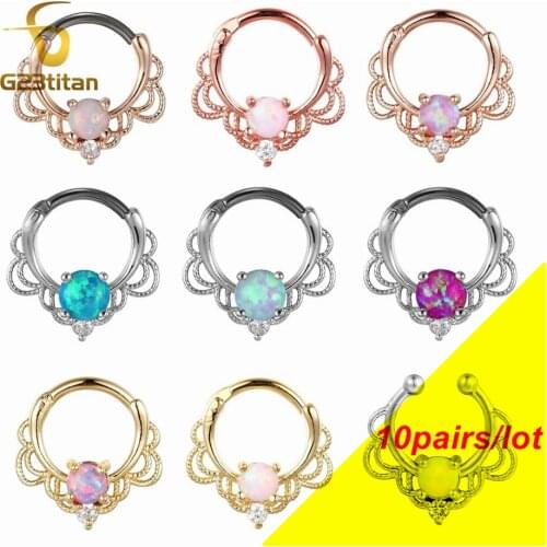10pc G23titan Opal Stone Septum Clip Clicker Nose Piercing Ring Charming Opal Crystal Nipple Ear Piercings Earrings Body Jewelry