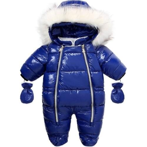 Baby Winter Clothes for Newborn Down Coat Pu Leather Jumpsuit Kids Girls Pu Jacket Boys Waterproof Overalls with Gloves Footwear