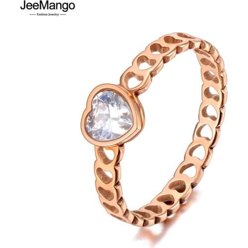 JeeMango Trendy Titanium Stainless Steel CZ Crystal Love Heart Party Ring Rose Gold Wedding Rings Jewelry For Women Girl JR20064