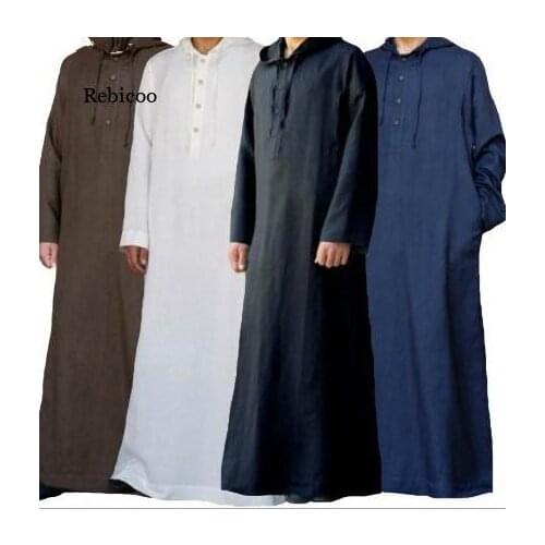 Mens Arabic Style Simple Solid Color Long Hooded Shirt Muslim Robe 2021 New