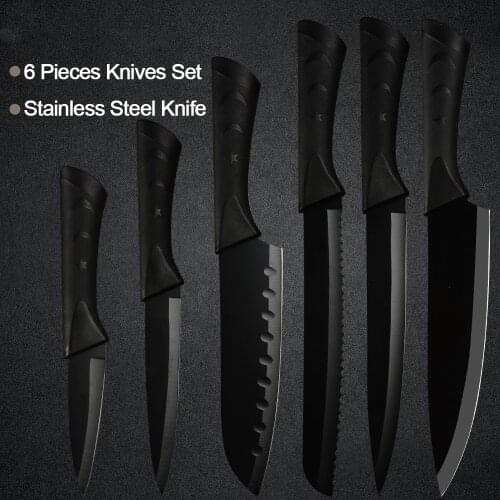 Stainless Steel Kitchen Knives 6 Piece Set Sharp Black Blade ABS+TPR Handle Knife Meat Fish Fruit Cooking Accessories