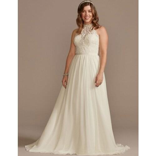 Wedding Dress White A-Line High Collar Sleeveless Applique Court Train Chiffon Bridal Dresses