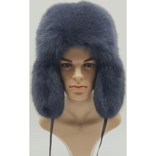 Warm Men Real Fox Raccoon Fur Cap Guarantee 100% Natural Genuine Fur Bomber Hats With Fur Ear Protection Winter Black Navy Cap