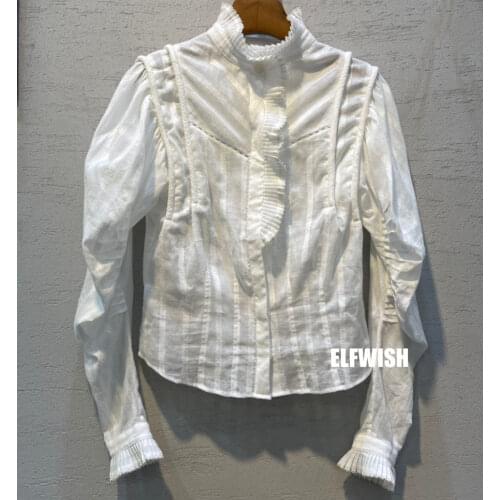 Womens White Shirt Frilled Collar Ruffled Front Long Puff Sleeves Fashion Blouse Tops 2022 Autumn New