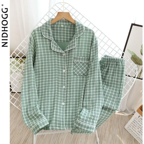 Womens Cotton Double-Layer Gauze Pajamas Plus Size Crepe Thin Sleepwear Couple Long Sleeve Long Pants Plaid Simple Pijamas 2set