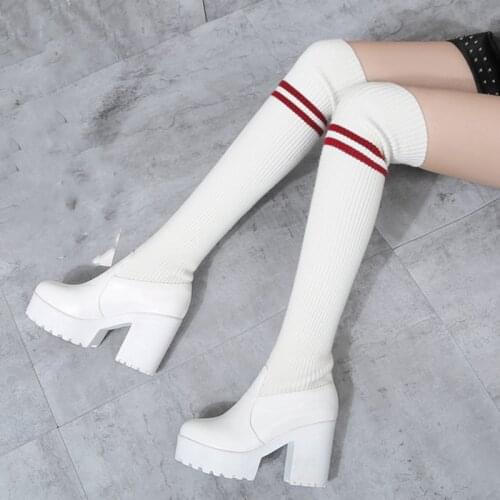 Elastic Stretch White Socks Shoes Thigh High Boots Woman Platform Knitted Punk Heels Black Over the Knee Boot 2021 Autumn Winter