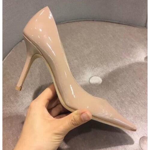 Lady Nude Patent Leather High Heels Banquet Shoes Woman Pointed Toe Shallow Thin Heels Office Shoes Women Slip-on Dress Shoes