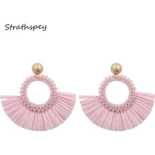 Bohemian Raffia Earrings for Women Crystal Beads Tassel Earring Geometric Earing Pendientes Azules Female Jewelry 2020