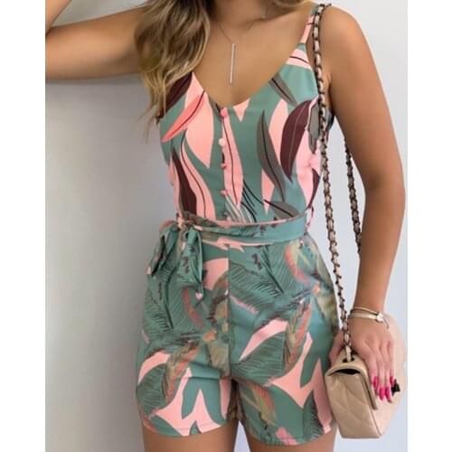 Jumpsuit Women Summer 2020 Sleeveless Backless Bohemian Beach Rompers Casual Lace Up Floral Print Short Jumpsuit Sexy Bodysuit