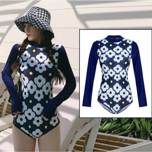 Womens Long Sleeve Womens Rash Guard UV UPF 50+ Sun Protection Floral Back Zipper Surfing One Piece Swimsuit Bathing Suit