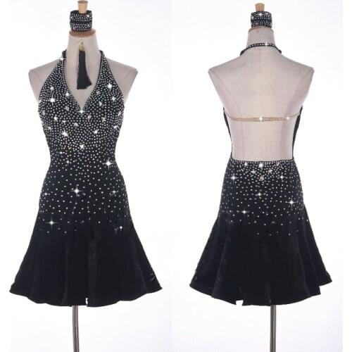 Latin Dance Dresses For Women Latin Costumes Lace Club Party Dancer Singer Entertainer Diamonds Black Dress BL1114