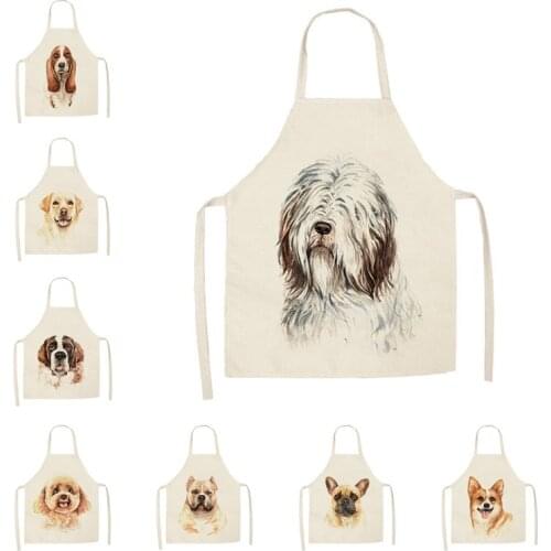 1Pcs Kitchen Apron Hand Painted Cute Dog Printed Sleeveless Cotton Linen Aprons Men Women Home Cleaning Tools 55*68cm
