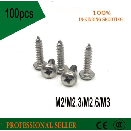 100pcs M2/M2.3/M2.6/M3 304 stainless steel Cross Round Head Self Tapping Screw With Pad Pan Head Tapping Screws