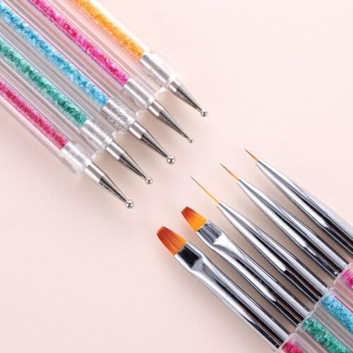 5pcs/set Nail Art Two Head Brush Pen Stainless steel fiber Carving Brush Pen Sequins Acrylic Handle UV Gel Polish Drawing