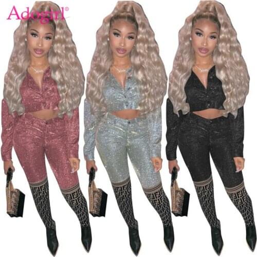 Adogirl Sparkling Women Fashion Casual Two Piece Set Turn Down Collar Long Sleeve Buttons Short Jacket Top Pencil Pants Suit