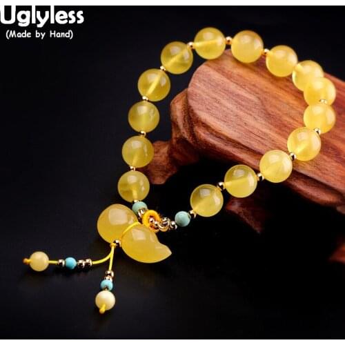 Uglyless Natural Amber Beeswax Gourd Bracelets Earrings for Women Elastic Rope Gems Beads Bracelet Ethnic Turquoise Jewelry Sets