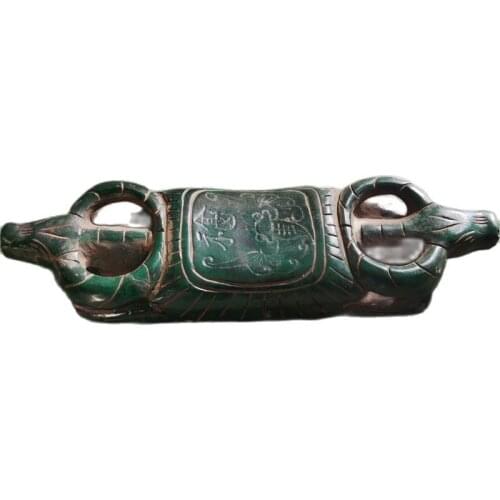 Chinese Old Jade Pillow Carved Green Jades Shuangniu Jade Pillow
