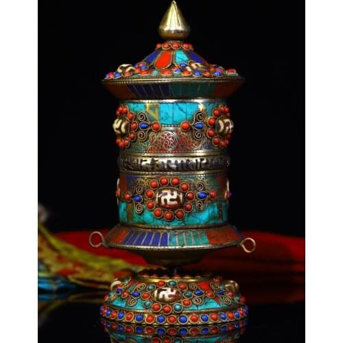 6"Tibet Temple Collection Old Bronze Tracing mosaic Gem Dzi Bead Prayer wheel pagoda Chanting Town House Exorcism