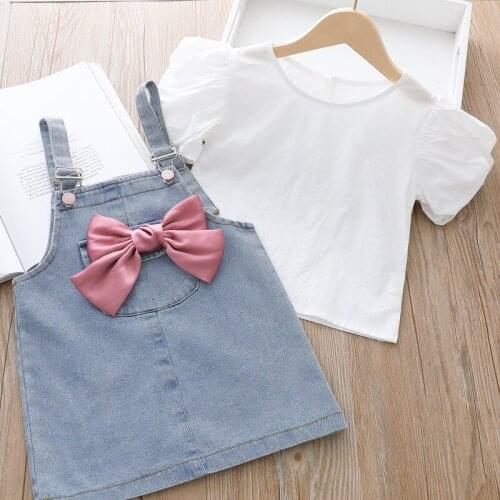 Baby Girl Clothes Set Short Sleeve White Shirt and Ieans Overall Set Fashion Clothes for Toddler Girls Sets 2021 New Design