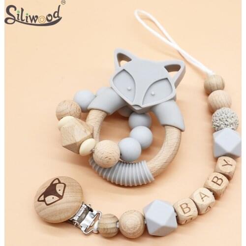 2pc Baby Pacifier Clips Chain Personalised Name Fox Wooden Clip Baby Pacifier Holder Teething Rattle Toys BPA Free Dummy Clips