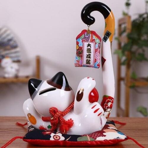 Creative ceramic accessories lucky cat | Long Tailed Cat Piggy Bank Opening Gift Store Cashier Table Decoration for Home Living