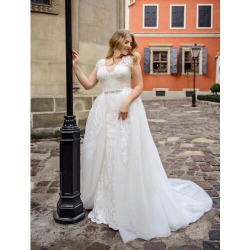 High Quality Lace Mermaid V-neck Wedding Dress 2021 Removable Train Cap Sleeve Brodal Gowns
