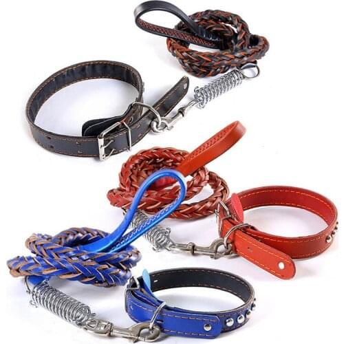 Genuine Cowhide Leather Large Dog Leashes Rope Big Dog Weaving Hauling Pope Shock Resistant Spring Traction Belt For Walk Collar