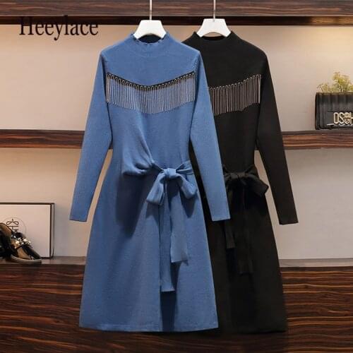 Plus size Women Winter Warm Knitted Dress Women Long Sleeve Bow tassel Elegant Vintage Korean High Waist A-line Pleated Dresses