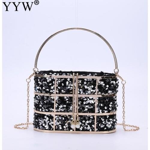 Luxury Sequined Evening Clutch Bag Women 2020 Diamond Metal Handle Basket Cage Purse And Handbag Ladies Pearl Shoulder Bag Party