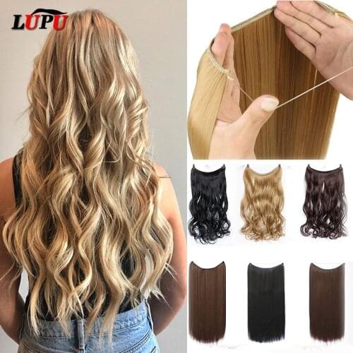 LUPU 24" Long Wavy Fish Line Hair Extensions Invisible Wire Secret No Clips In Hairpieces Synthetic Heat Resistant Fiber