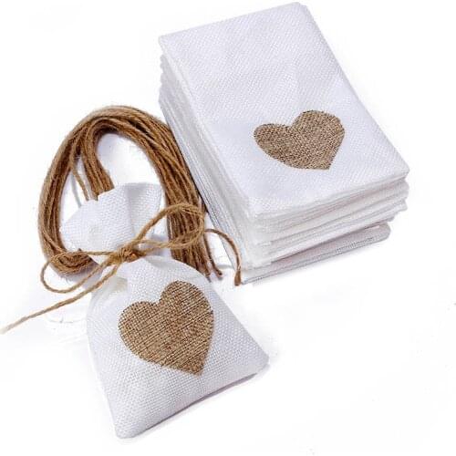 1 PC 10x14CM Wedding Gift Bags Jewelry Bag Trendy White Natural Linen Drawstring Wedding Favor Bags Pouch Heart Shape