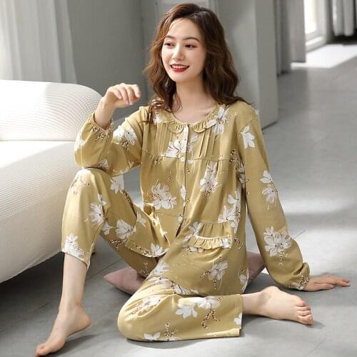 Spring Cotton Women Pajamas Set Floral Long Sleeve Round Neck Cardigan Girls Nightwear Loose Soft Plus Size 3XL Female Clothes