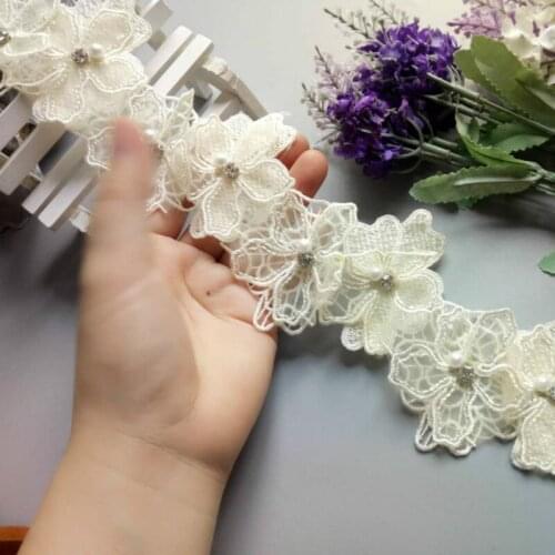 10pcs/lot Ivory Pearl Flower Organza Embroidery Fabric Lace Patch Trim Clothes 3D Beading Flower Wedding Dress DIY Applique 8cm