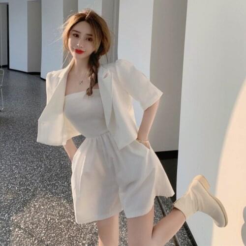 Women Summer Chic Black White Sexy Rompers 2pc Slash Neck Short Jumpsuit Two Piece Strapless Overalls&Little Casual Blazer Suits