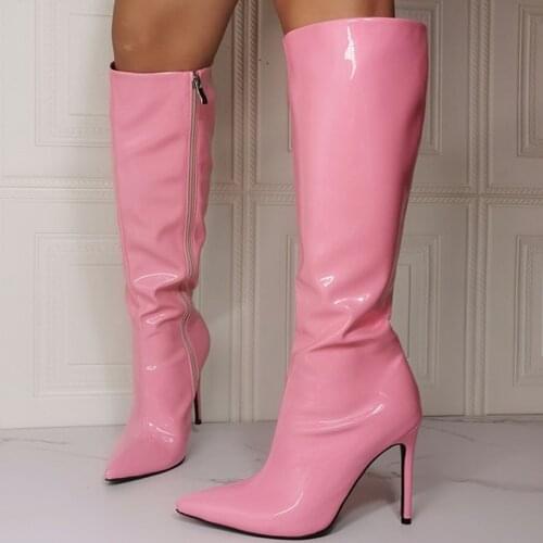 Big Size 47 Pointy Toe Light Pink Women Knee High Boots Side Zipper Fashion Stiletto Shoes Winter for Girls