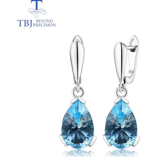 TBJ,Water Drop 13ct Genuine Sky blue topaz concave cut good clasp Earrings Pure 925 Sterling Silver Fine Jewelry For Women gift